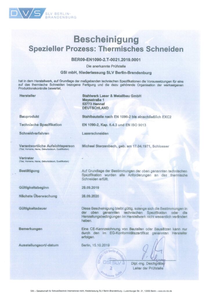 Blechzuschnitt in Köln STAHLWERK - 40 ZERTIFIKAT BER09 EN1090 2.T 0021.2019.0001 STAHLWERK 39