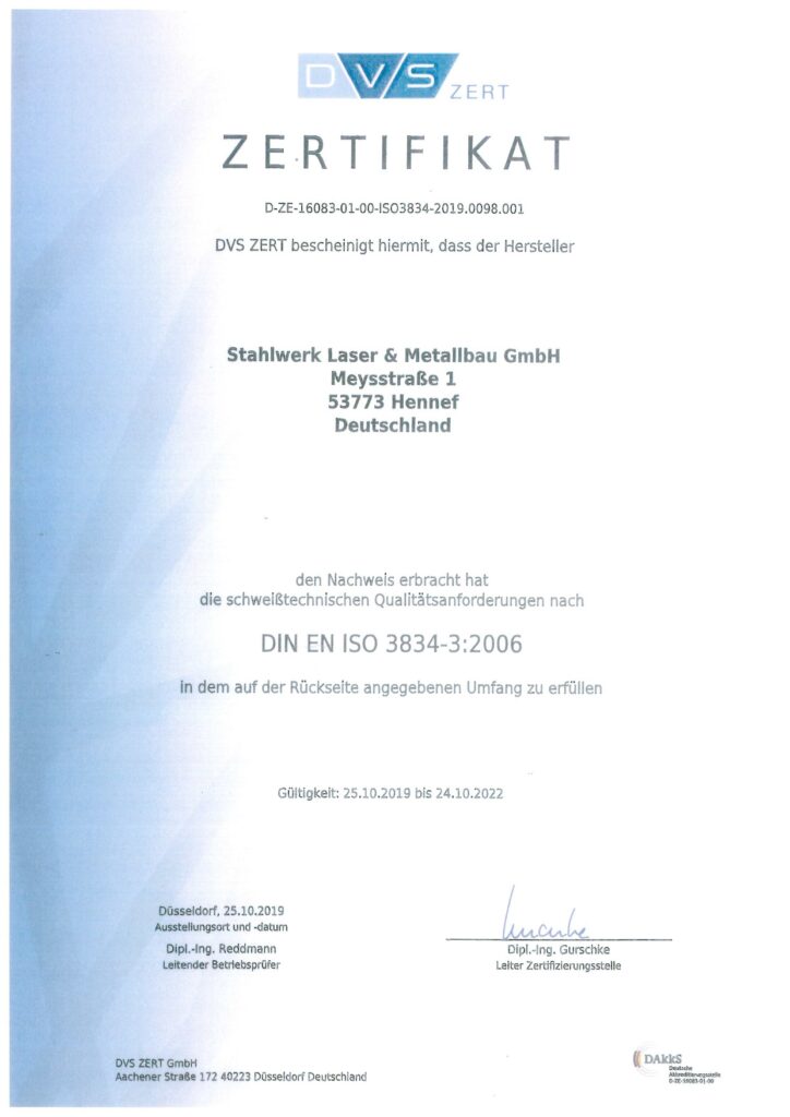 Blechzuschnitt in Köln STAHLWERK - 42 ZERTIFIKAT DIN EN ISO 38334 3 2006 STAHLWERK 41